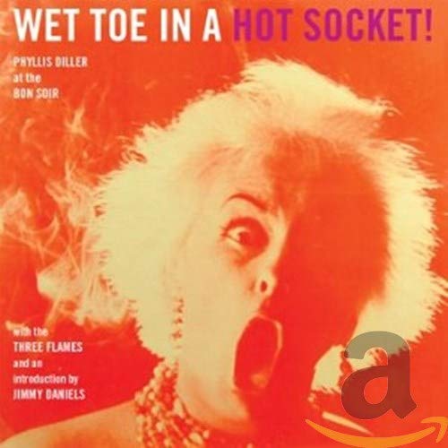 Phyllis Diller album cover, orange background, comedic portrait with wild hair.