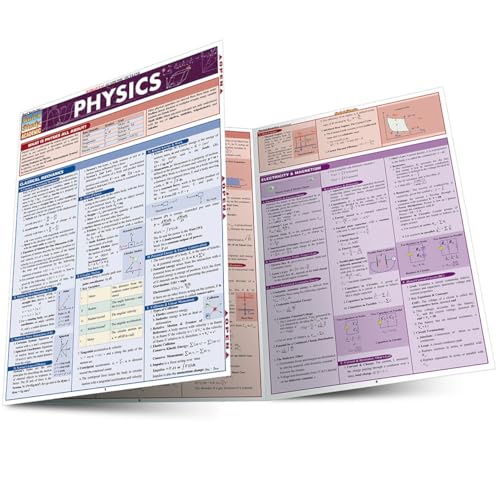 Open physics study guide with formulas and diagrams on both sides.