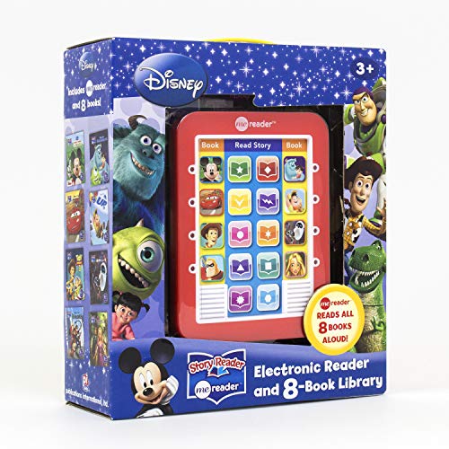 Disney Me Reader electronic reading device and eight-book library set featuring various Pixar characters.