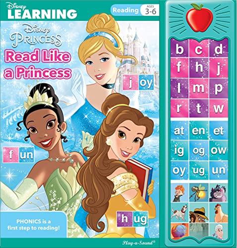 Disney Princesses Cinderella, Tiana, Belle, and Rapunzel with alphabet and phonics.