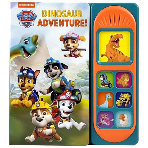 PAW Patrol characters with dinosaurs on a sound book with buttons.