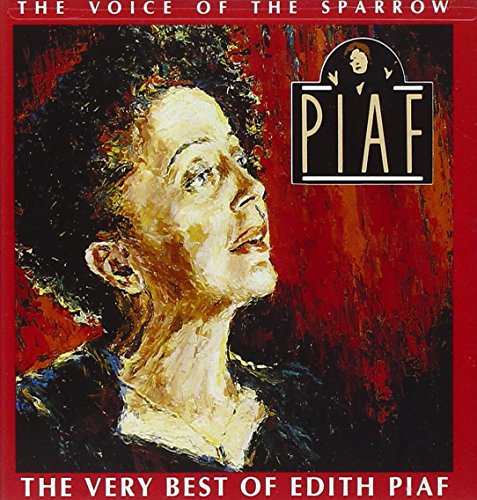 Painted portrait of Edith Piaf, looking upwards, on a red background.