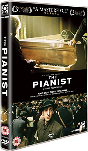 DVD cover for "The Pianist" featuring a man at a piano and a crowd.