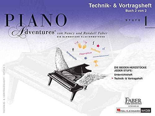 Cover of Piano Adventures Technik- & Vortragsheft 1 music book with a winged piano illustration.