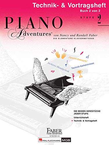 Piano Adventures Technik Vortragsheft 2 cover with piano and musical notes.