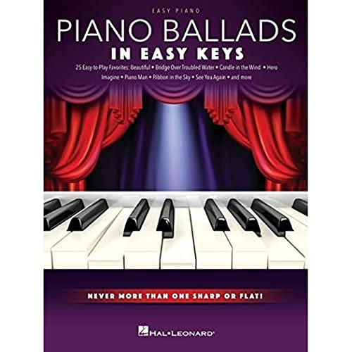 Sheet music cover for “Piano Ballads” with piano keys and red curtains.