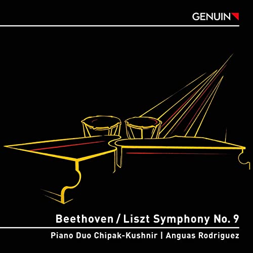 CD cover: two pianos in gold lines on a black background.