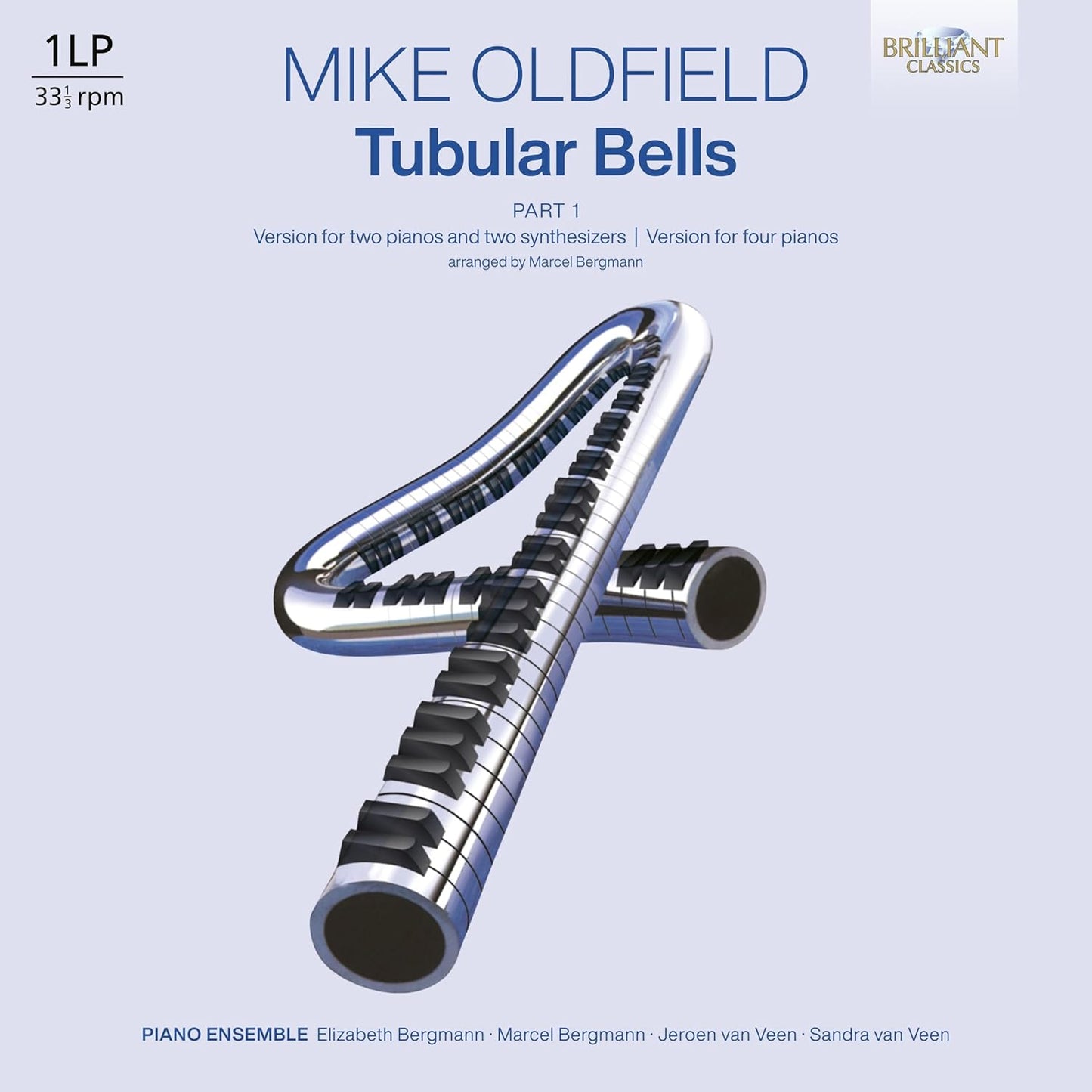 Vinyl album cover for Mike Oldfield’s Tubular Bells, featuring piano keys art.