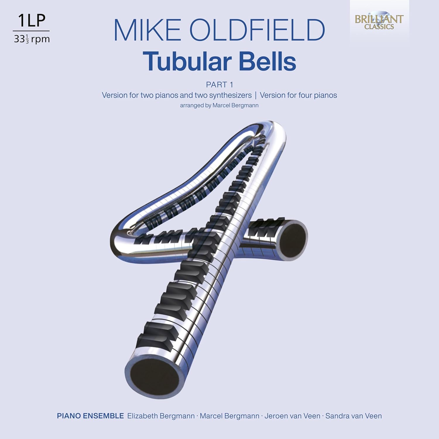 Vinyl album cover for Mike Oldfield’s Tubular Bells, featuring piano keys art.