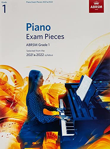 ABRSM Grade 1 piano exam pieces book with a pianist at a grand piano.