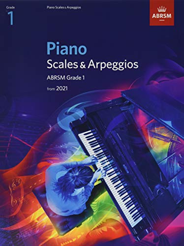 Cover of ABRSM Grade 1 Piano Scales and Arpeggios book featuring a pianist.