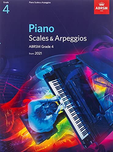 ABRSM Grade 4 Piano Scales and Arpeggios music book cover with abstract colorful lighting.