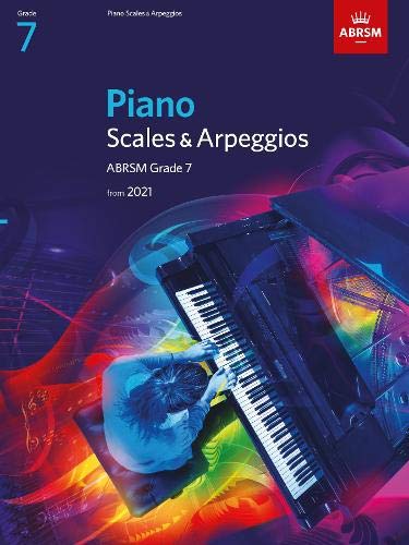 Music book cover for ABRSM Grade 7 Piano Scales & Arpeggios featuring a pianist.