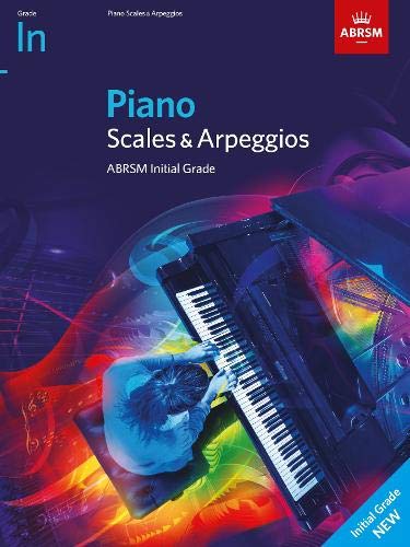 Book cover for ABRSM Initial Grade Piano Scales and Arpeggios with colorful abstract background.