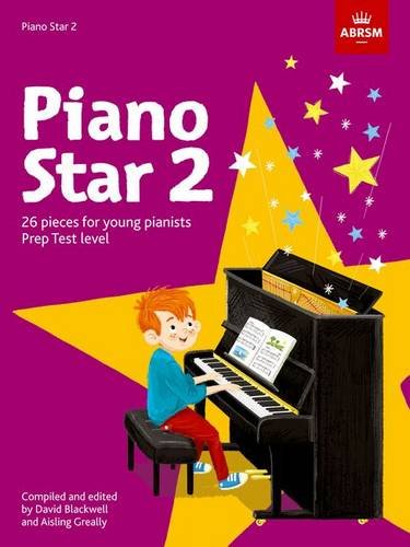 A young boy playing a piano on a purple and yellow star-themed book cover.