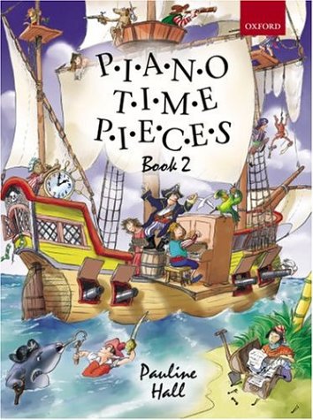 Colorful cover of "Piano Time Pieces 2," featuring a pirate ship and piano.