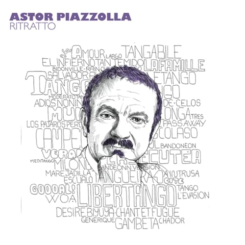 CD cover featuring a sketched portrait of Astor Piazzolla surrounded by text.