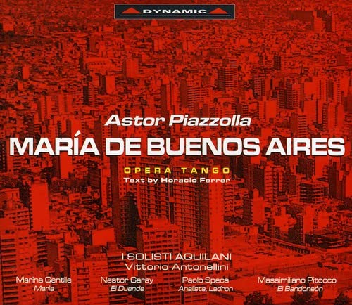 CD cover for Piazzolla’s “María de Buenos Aires” opera tango, red cityscape.