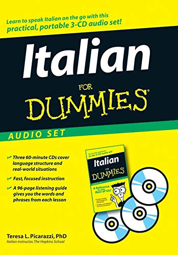 Italian For Dummies" audio set cover with CDs and cartoon illustration.