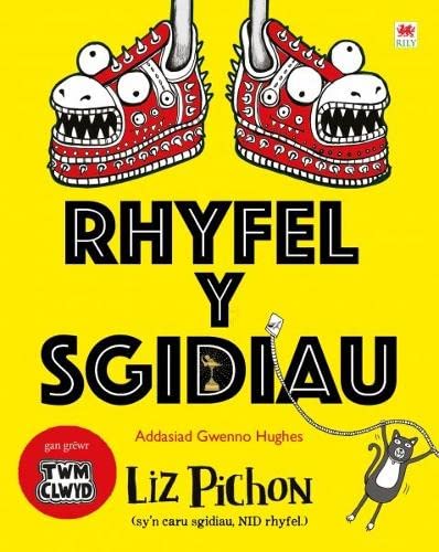 Book cover: two cartoon monster shoes with teeth and Welsh text.