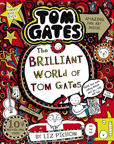 Book cover with doodles, text “Tom Gates” and illustrations of faces and objects.