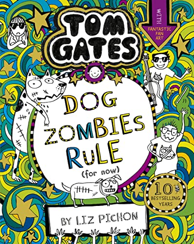Book cover featuring Tom Gates characters, doodles, and title text on a swirling background.