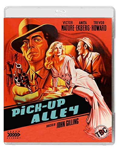 Blu-ray cover for film noir "Pick-Up Alley" featuring three figures.