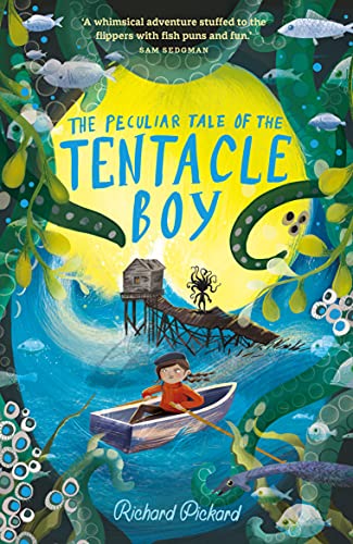 Book cover: boy in a boat with a large tentacle and seaside buildings.