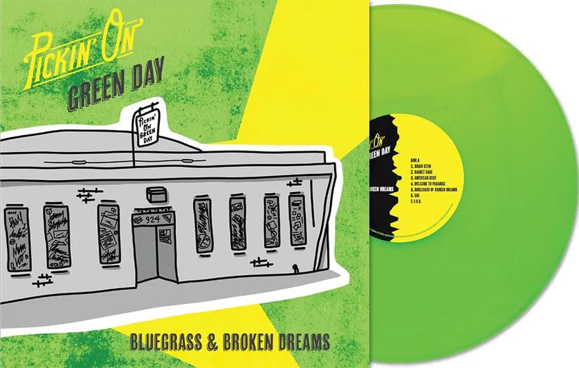 Green album cover featuring a building illustration next to a bright green vinyl record.