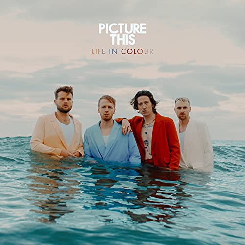 "Album cover featuring four men standing in water, wearing colourful jackets."