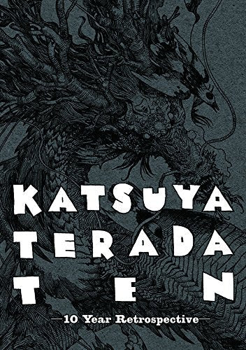Dark, detailed illustration of a dragon with the title "Katsuya Terada 10 Ten".