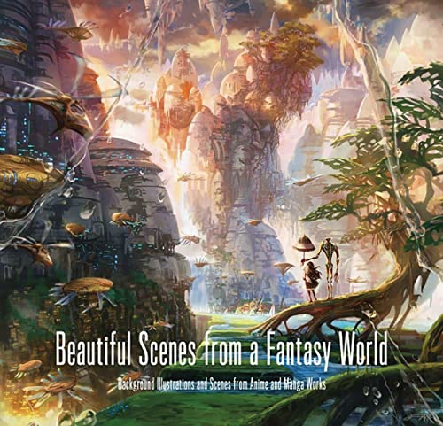 Fantasy landscape with floating islands, futuristic architecture, a robot,S and a person.