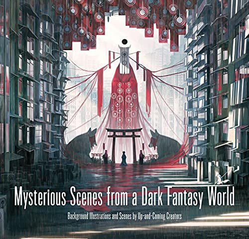 Dark fantasy cityscape with a central torii gate and figure.