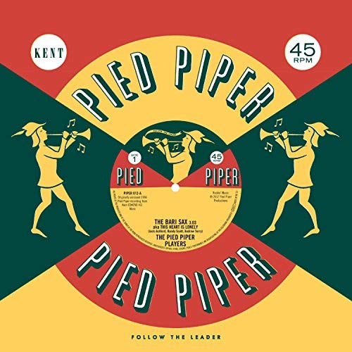 A vinyl record cover with a red, green, and yellow design, featuring two pipers.