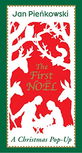 Red paper-cut Nativity scene with deer, title "The First Noel.