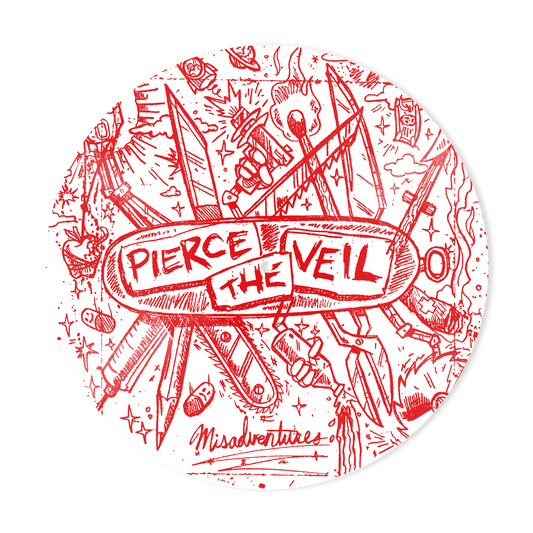 Red-illustrated vinyl record for Pierce The Veil’s “Misadventures” album.