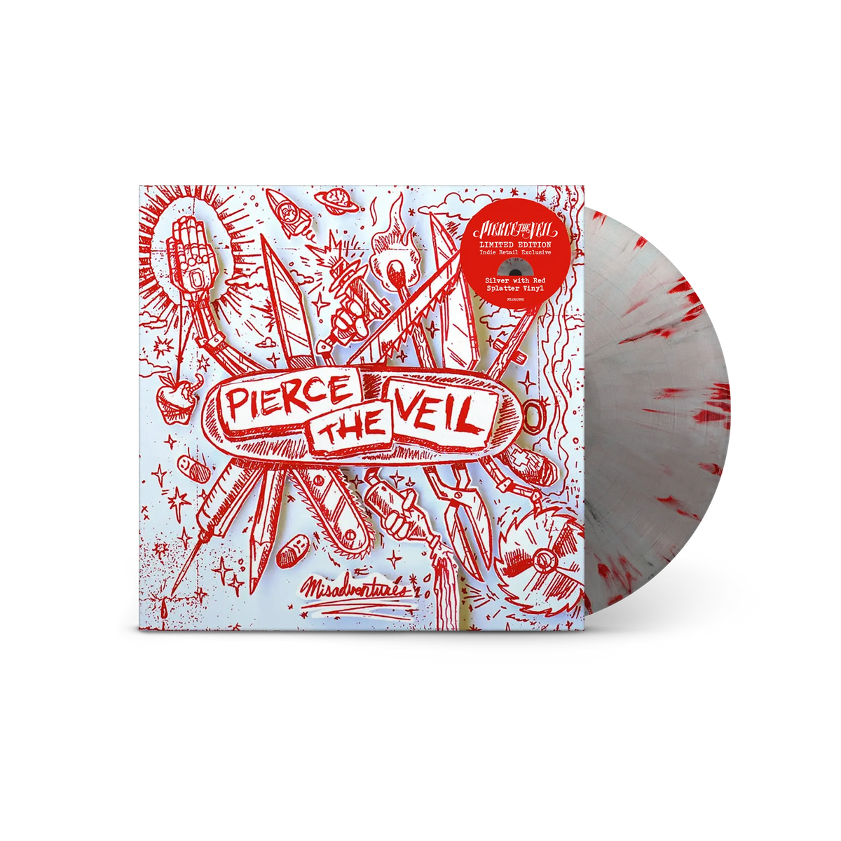 Pierce The Veil "Misadventures" vinyl record with red and silver swirl.