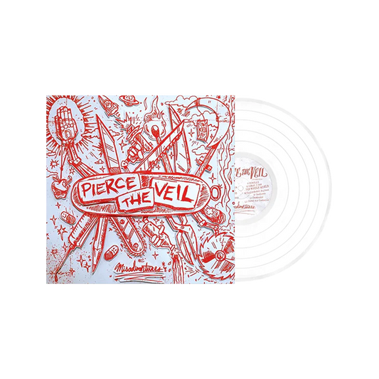 White vinyl record with red illustrated cover art for Pierce The Veil’s “Misadventures”.