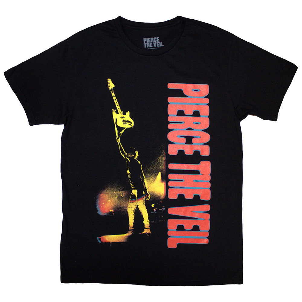 Black unisex T-shirt featuring a graphic of a person swinging from a guitar.