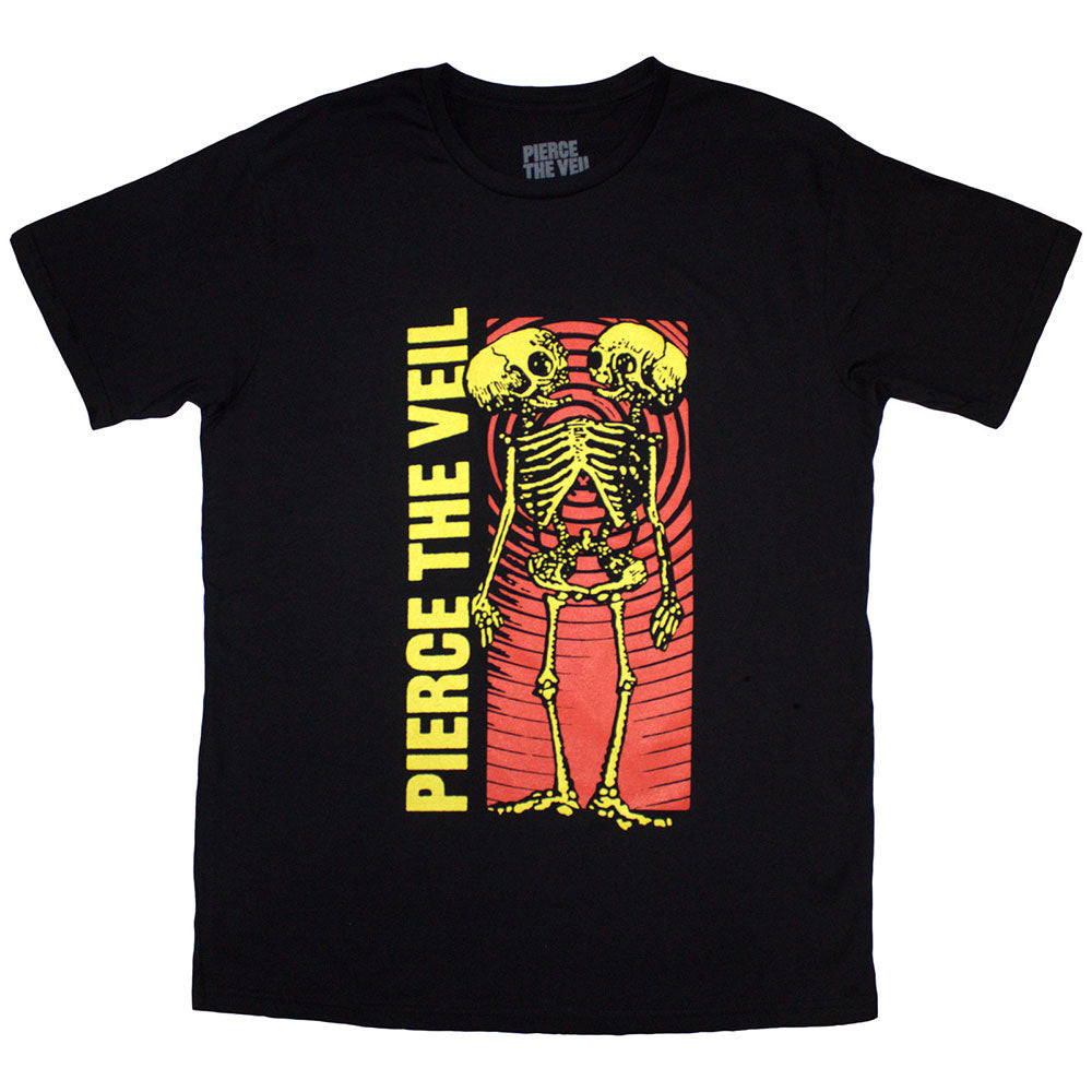 Black t-shirt with a wavy skeleton graphic, Pierce The Veil band logo.