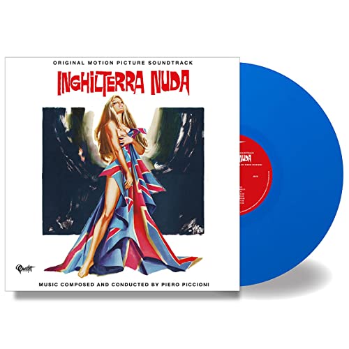 Vinyl record of "Inghilterra Nuda" soundtrack with woman in Union Jack dress.