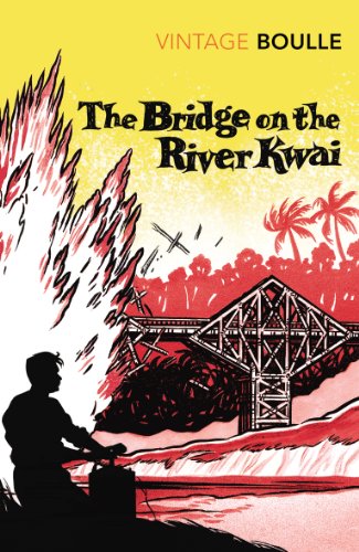 Book cover illustration showing a silhouette of a man detonating an exploding railway bridge.