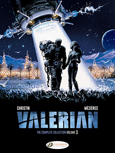 Silhouetted figures stand under a spaceship beam against a sci-fi landscape on this book cover.