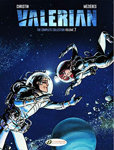 Valerian and Laureline in spacesuits, comic book cover, blue background.