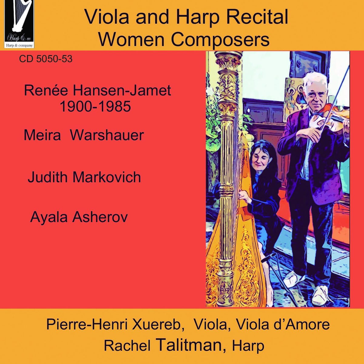 CD cover featuring musicians with a harp and viola, composers’ names listed.