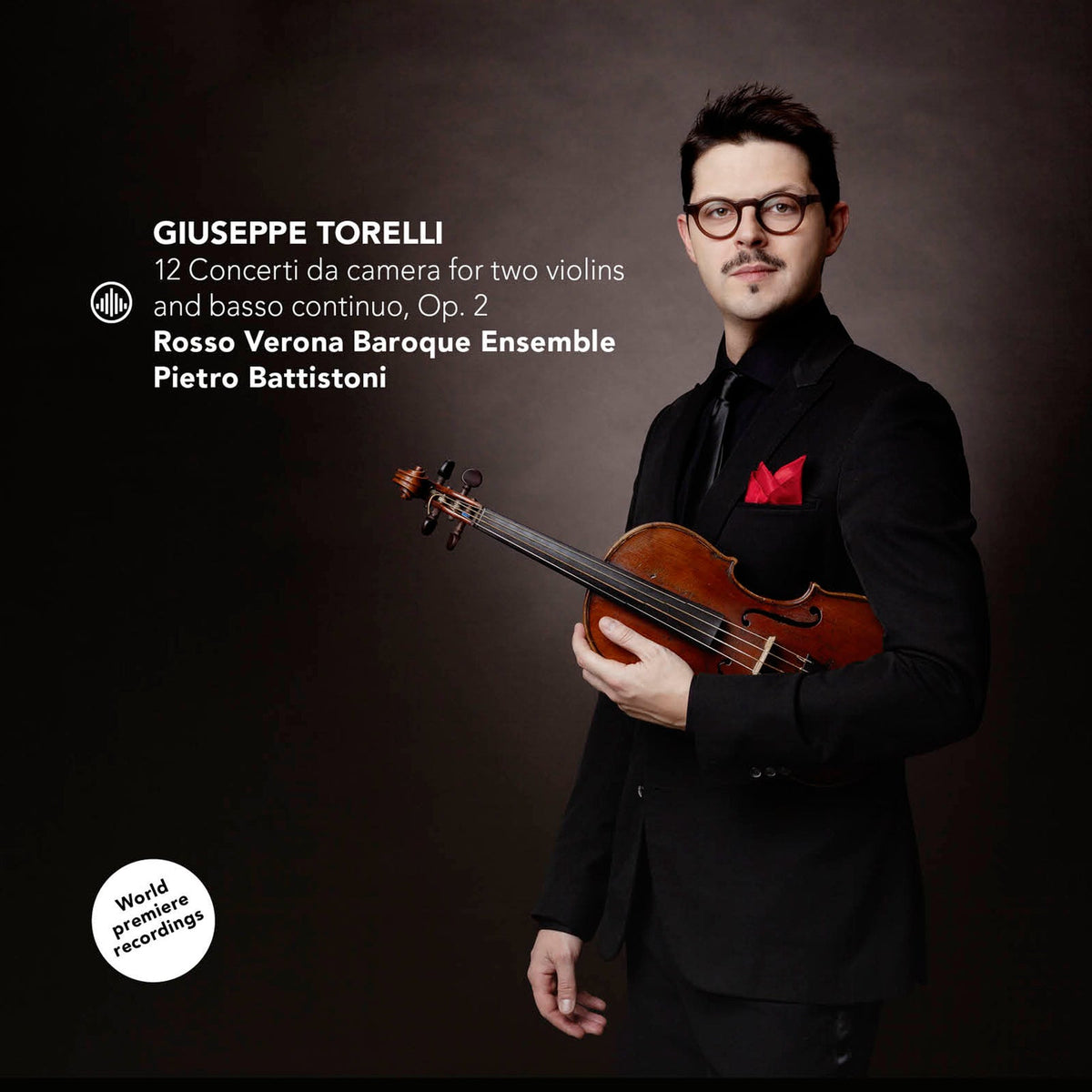 CD cover featuring Pietro Battistoni with a violin, text details Torelli’s music.