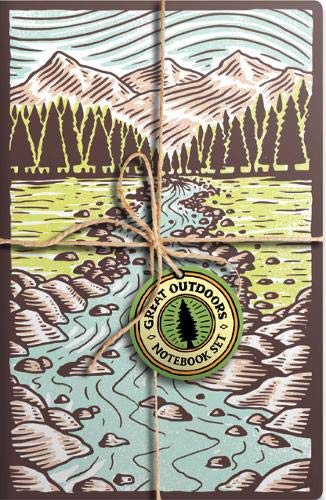Notebook set with a mountain and forest landscape design, tied with twine.