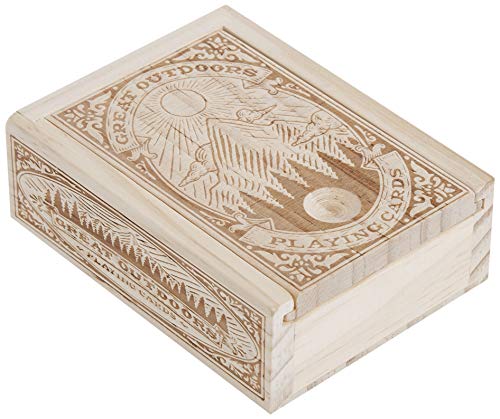 Wooden box of "Great Outdoors" playing cards with mountain illustration.