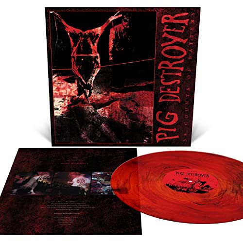 Vinyl record album cover, back sleeve, and red marbled vinyl disc on white background.