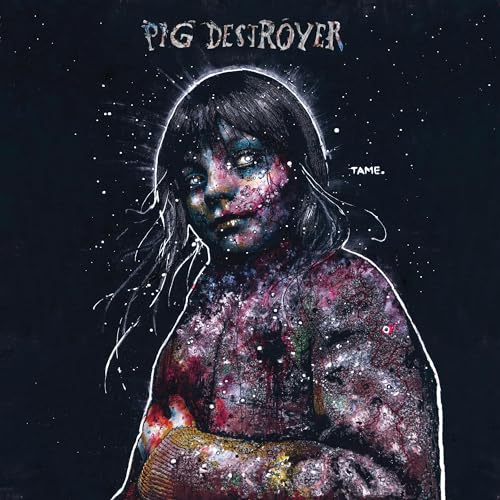 Album cover: distressed portrait of a woman amidst a cosmic, colorful background.